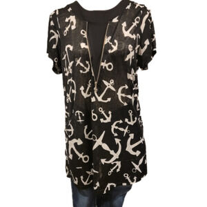 Source Unknown  Nautical Anchor Print Short Sleeve Top With Front Zip